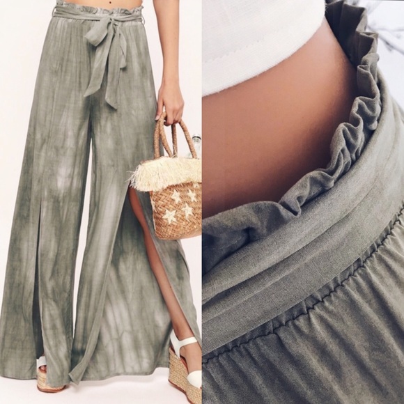 Pants - Slit Pants Wide Leg Acid Wash Front Slit Silky